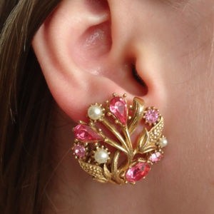 Gold & Pink Rhinestone Vintage Clip On Earrings